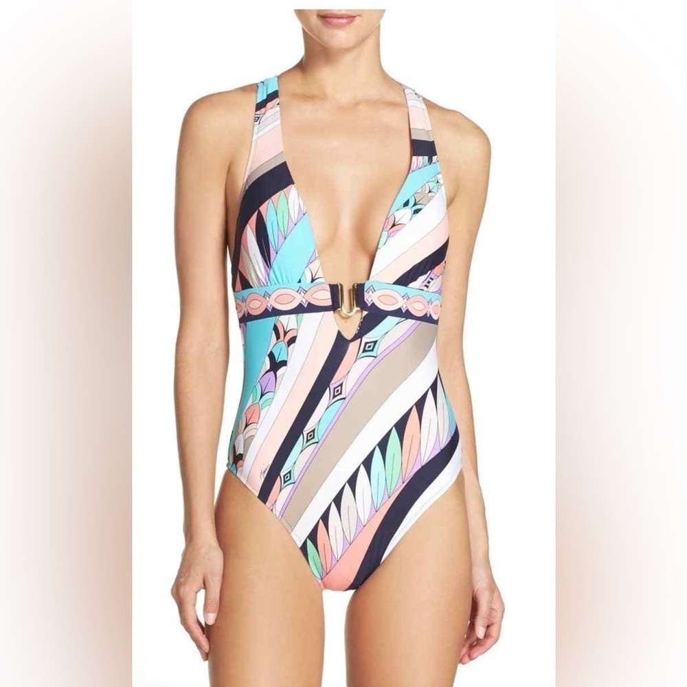 Trina Turk Electric Wave Cross Back One Piece Plunge Swimsuit size 8